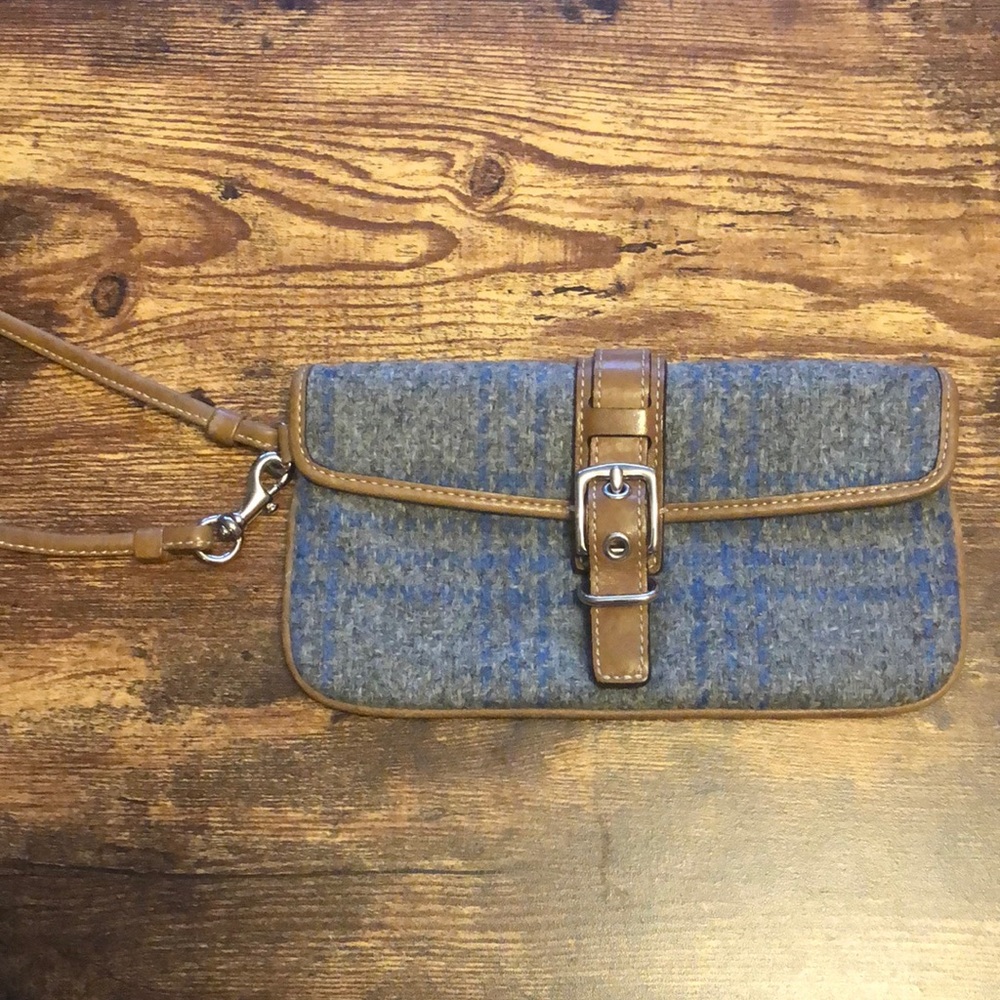 Coach Wool Wristlet - Grey and blue with brown piping.
